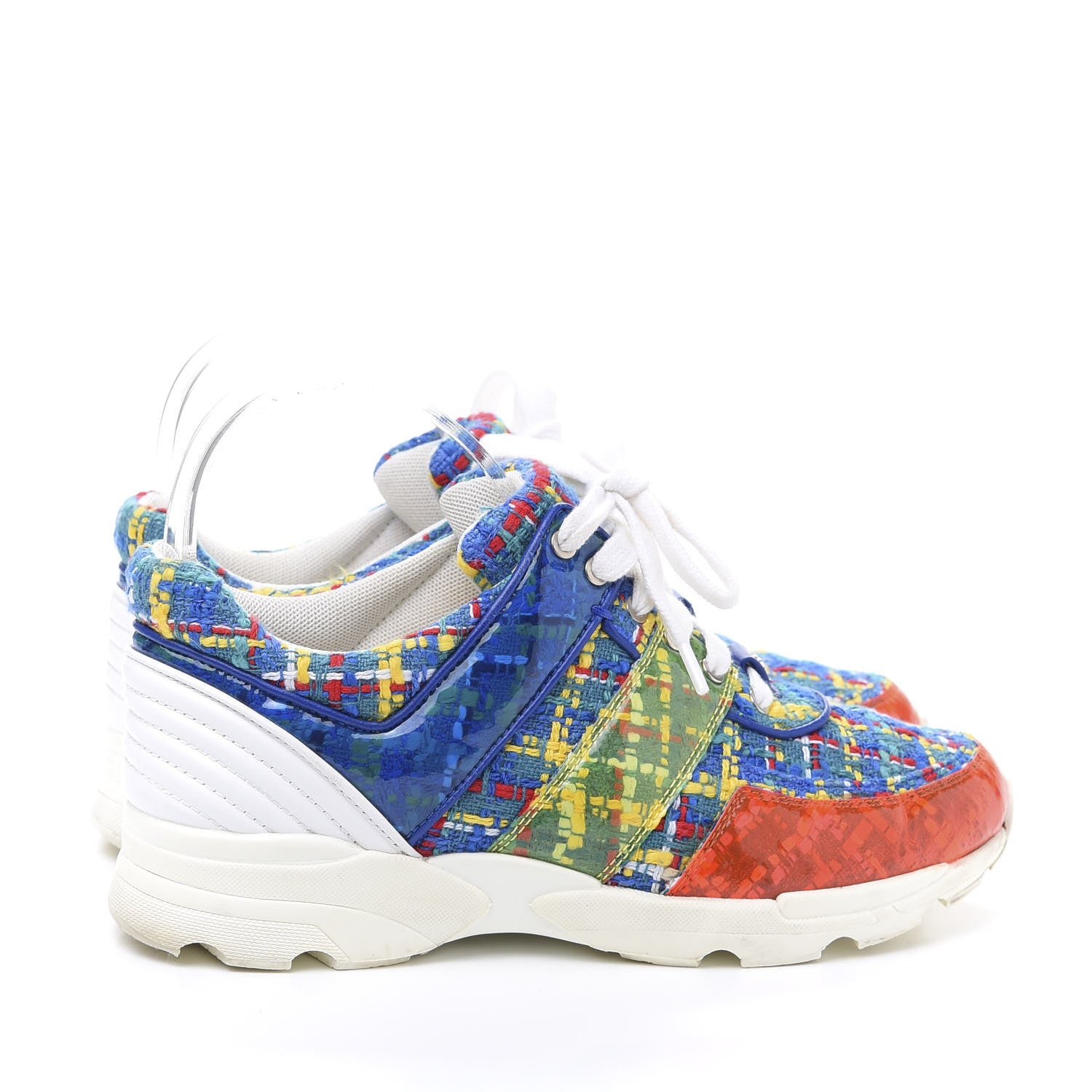 Chanel Tweed Calfskin Tennis Sneakers 37 Red Yellow Blue 4 of 9