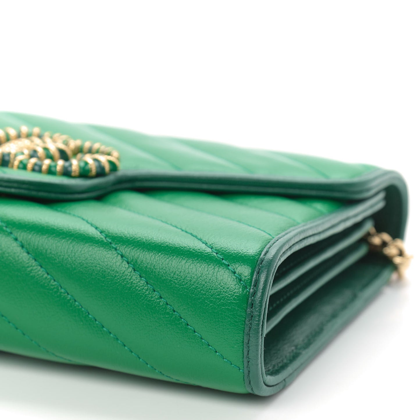Azalea Calfskin Enamel Matelasse Diagonal Torchon GG Marmont Chain Wallet New Shamrock Emerald