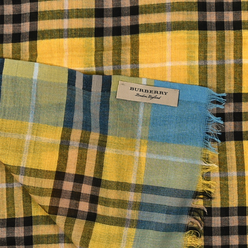 Wool Silk Gauze Check Scarf  Yellow Blue