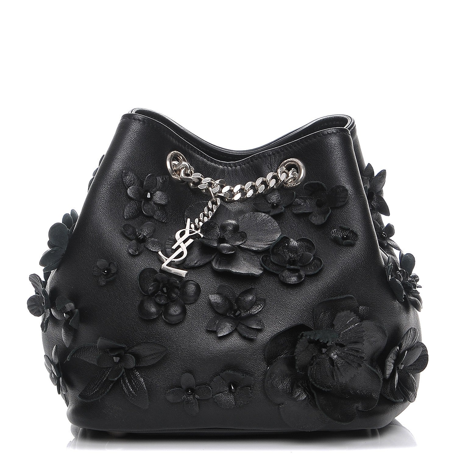 Saint Laurent Lambskin Floral Applique Baby Emmanuelle Bucket Bag Black 1 of 7