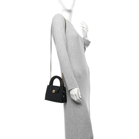 Shiny Aged Calfskin Quilted Nano Kelly Shopper Black