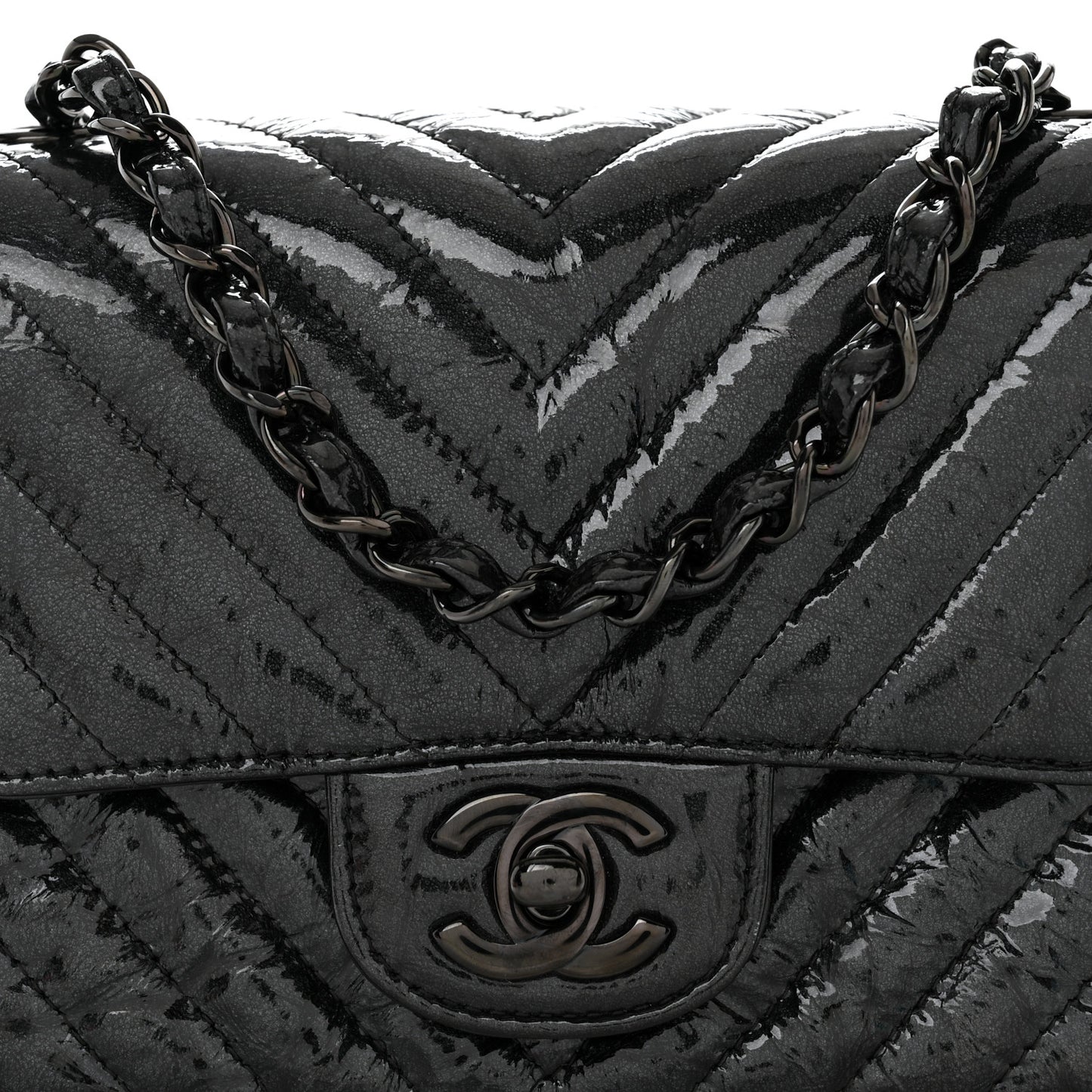 Metallic Crumpled Calfskin Chevron Quilted Mini Square Flap Black