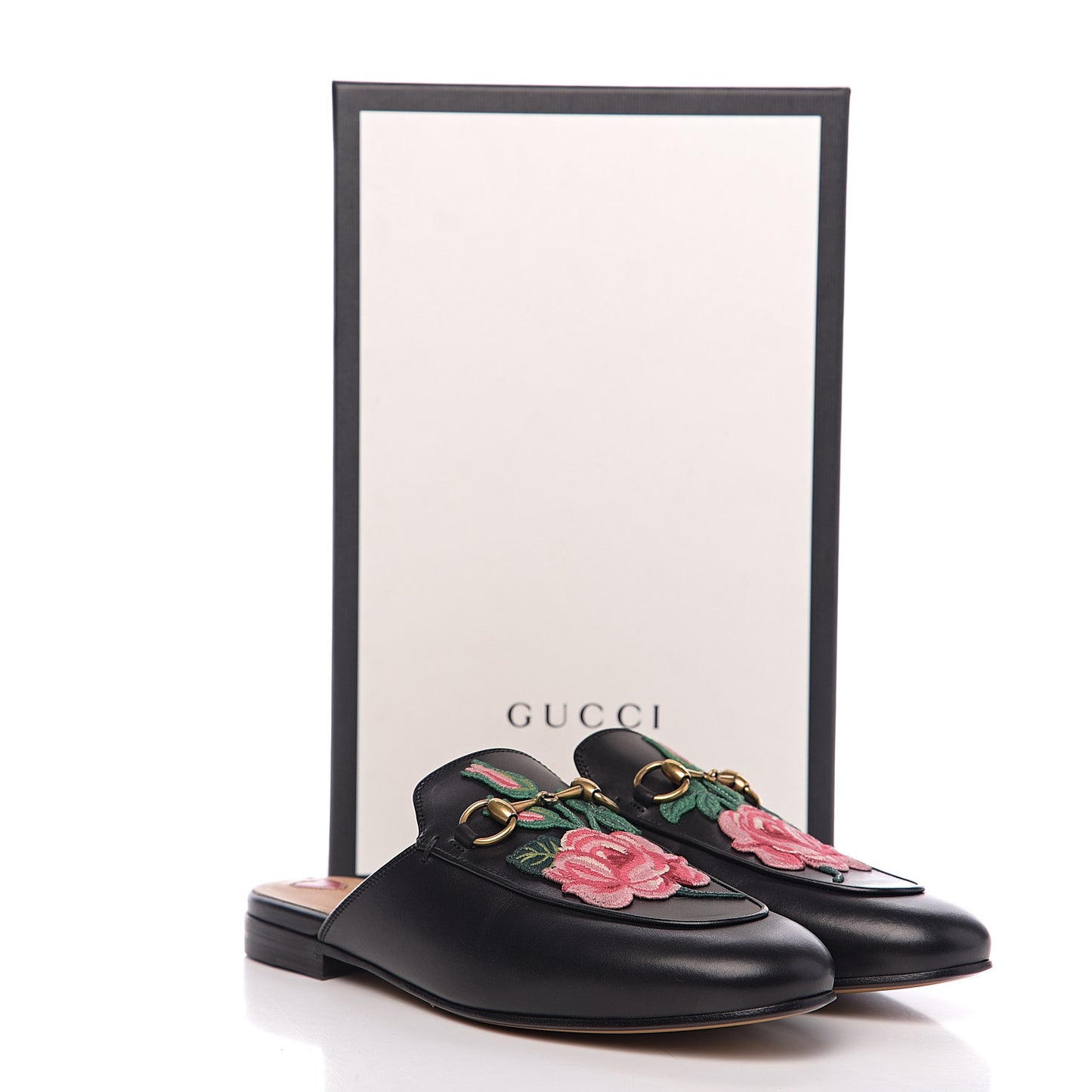 Calfskin Flower Embroidered Womens Princetown Slippers 37.5 Black