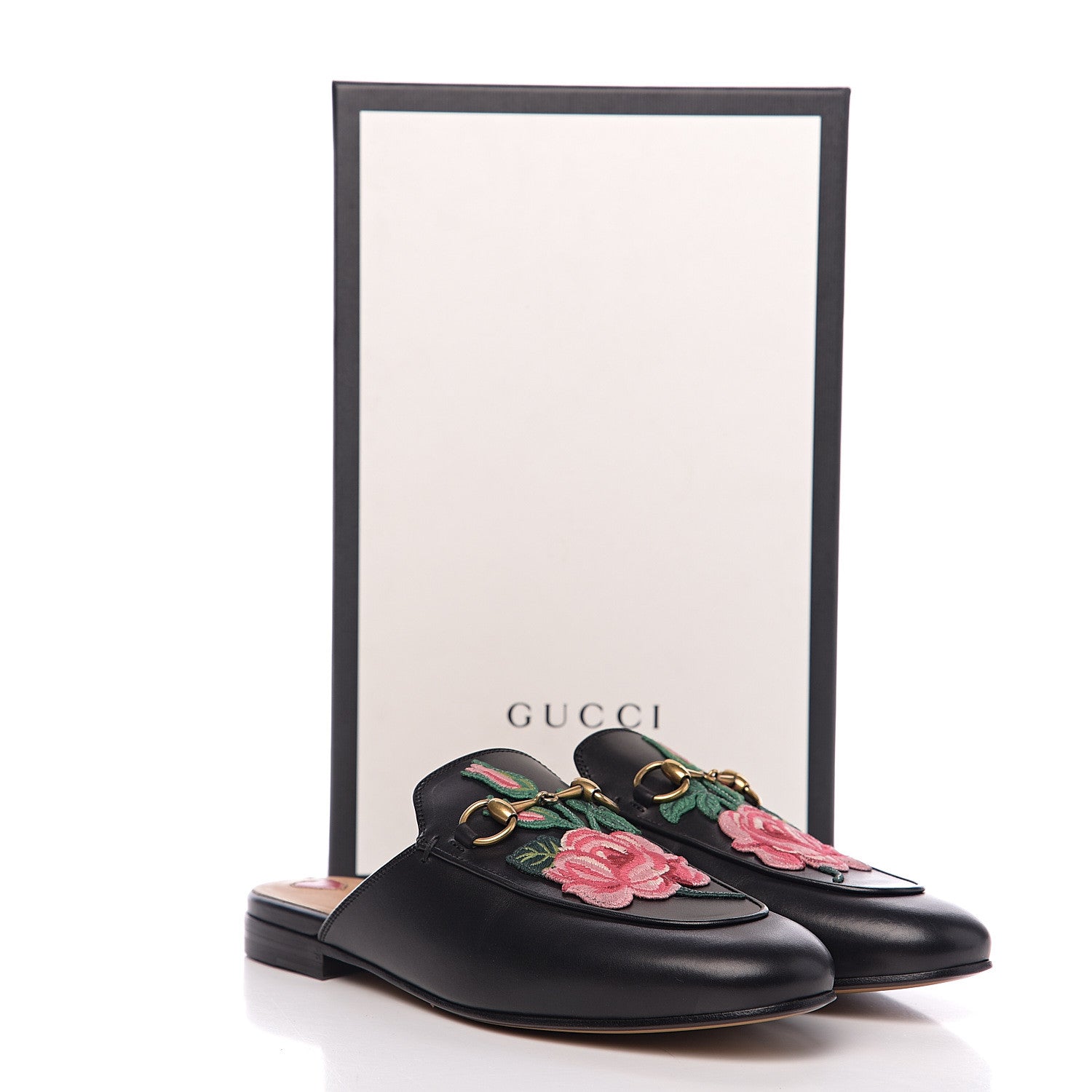 Gucci Calfskin Flower Embroidered Womens Princetown Slippers 37.5 Black 9 of 9