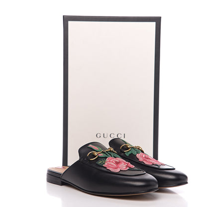 Gucci Calfskin Flower Embroidered Womens Princetown Slippers 37.5 Black 9 of 9