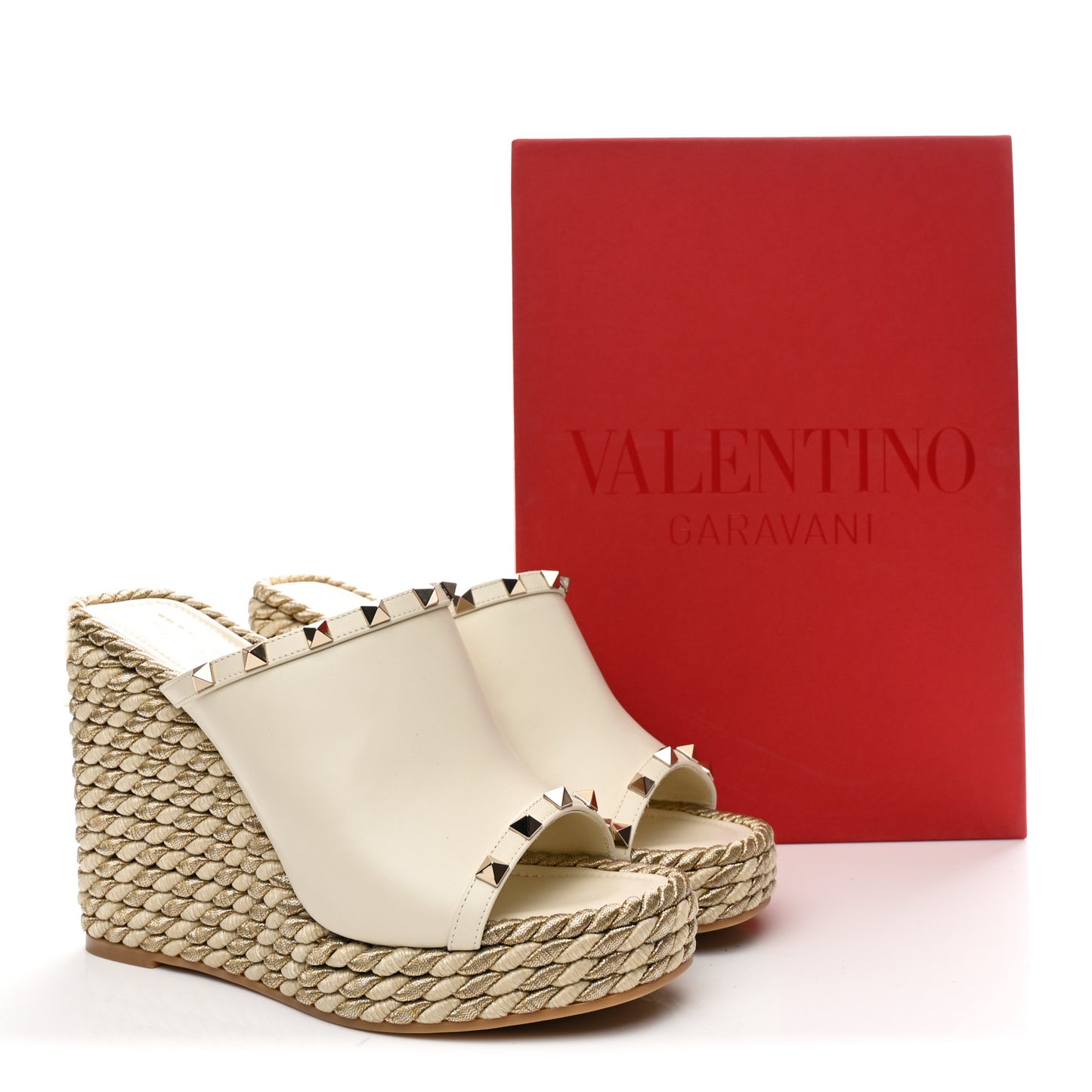 Calfskin Silk Rockstud Torchon Espadrille Wedge 25/115mm Slide Sandals 39 Light Ivory