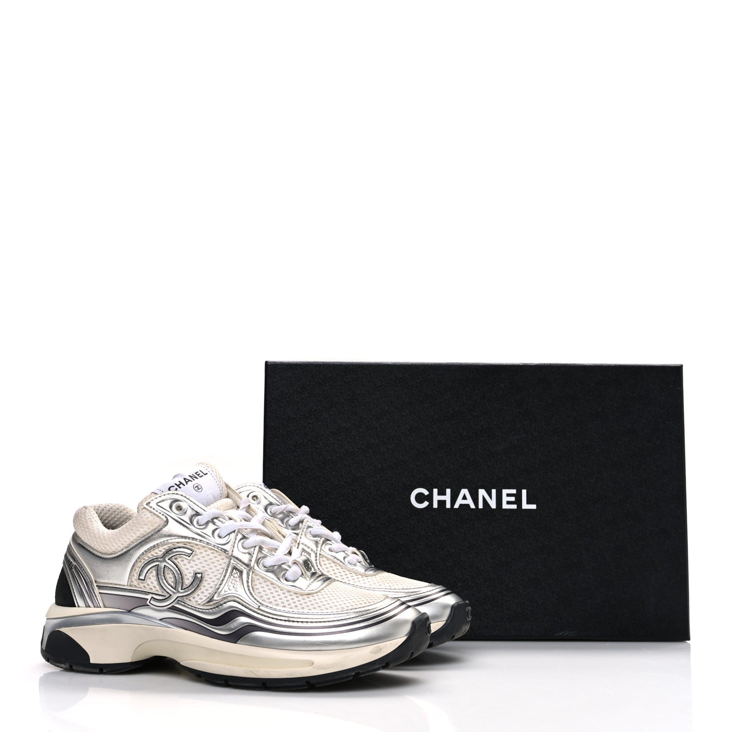 Fabric Laminated Calfskin Stretch CC Sneakers 37 White Silver