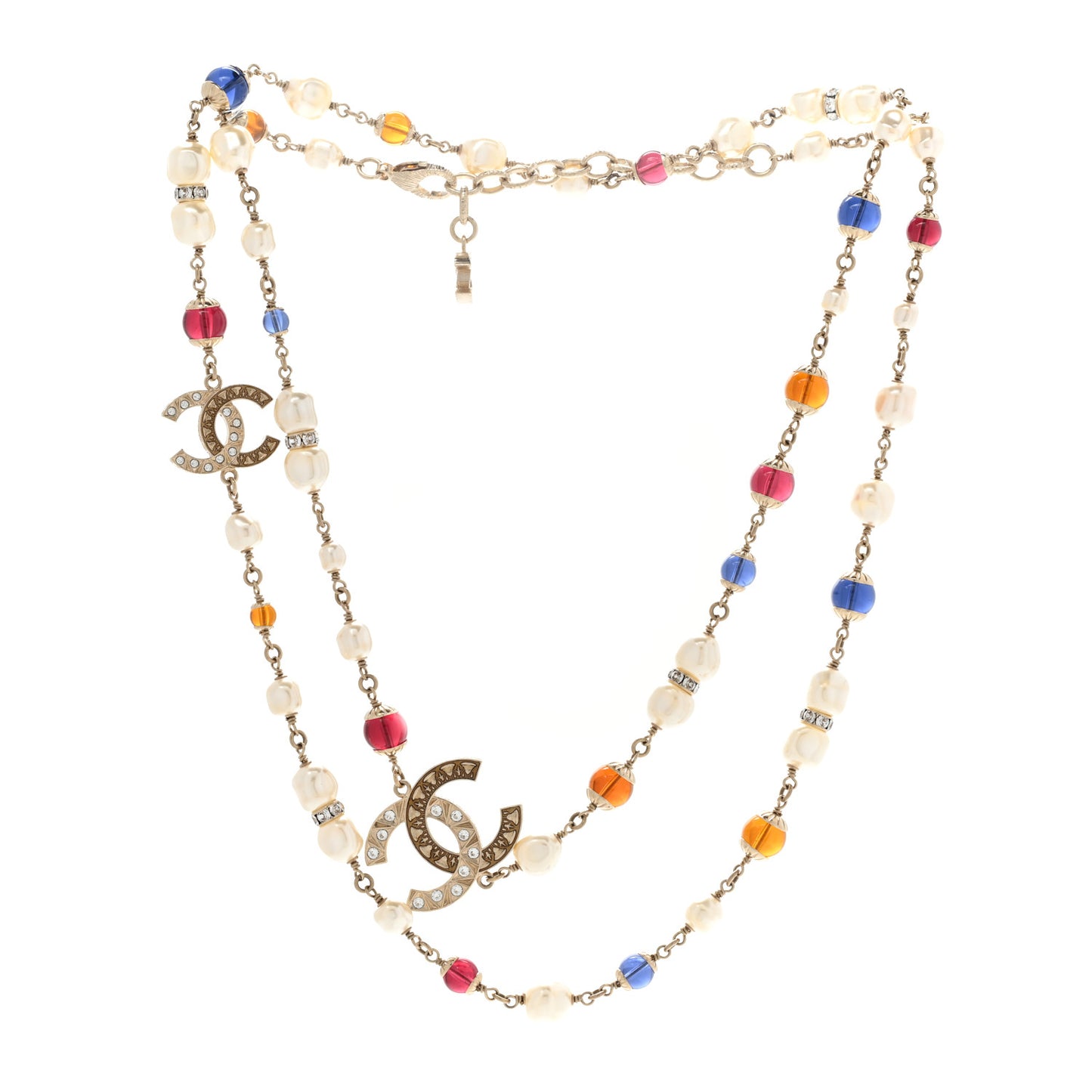 Pearl Beaded Crystal CC Long Necklace Gold Multi