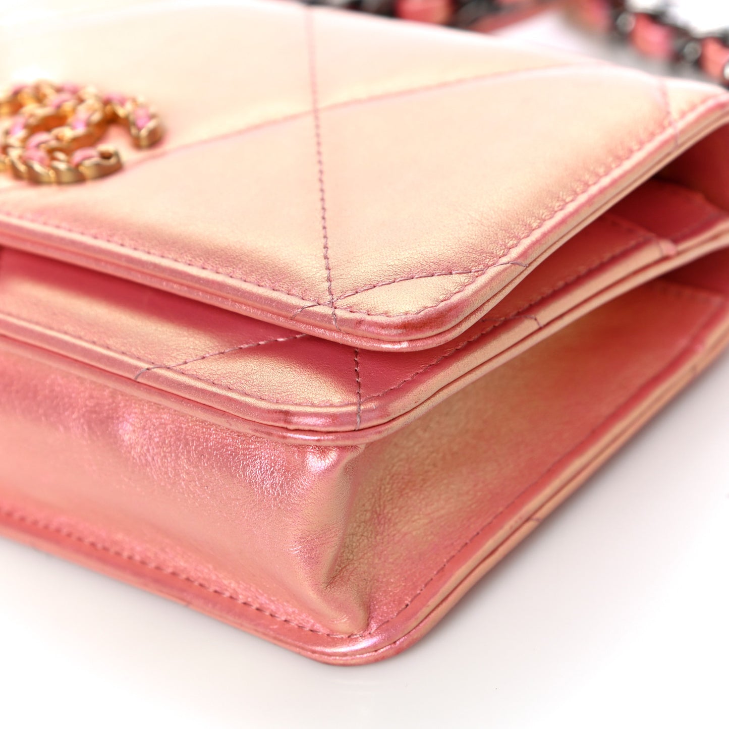 Iridescent Calfskin Quilted Chanel 19 Wallet On Chain WOC Pink
