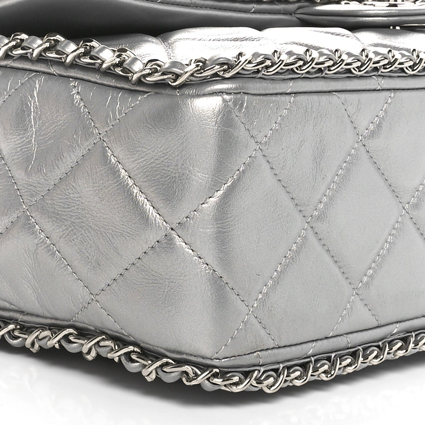 Metallic Lambskin Large Chain All Over Flap Silver