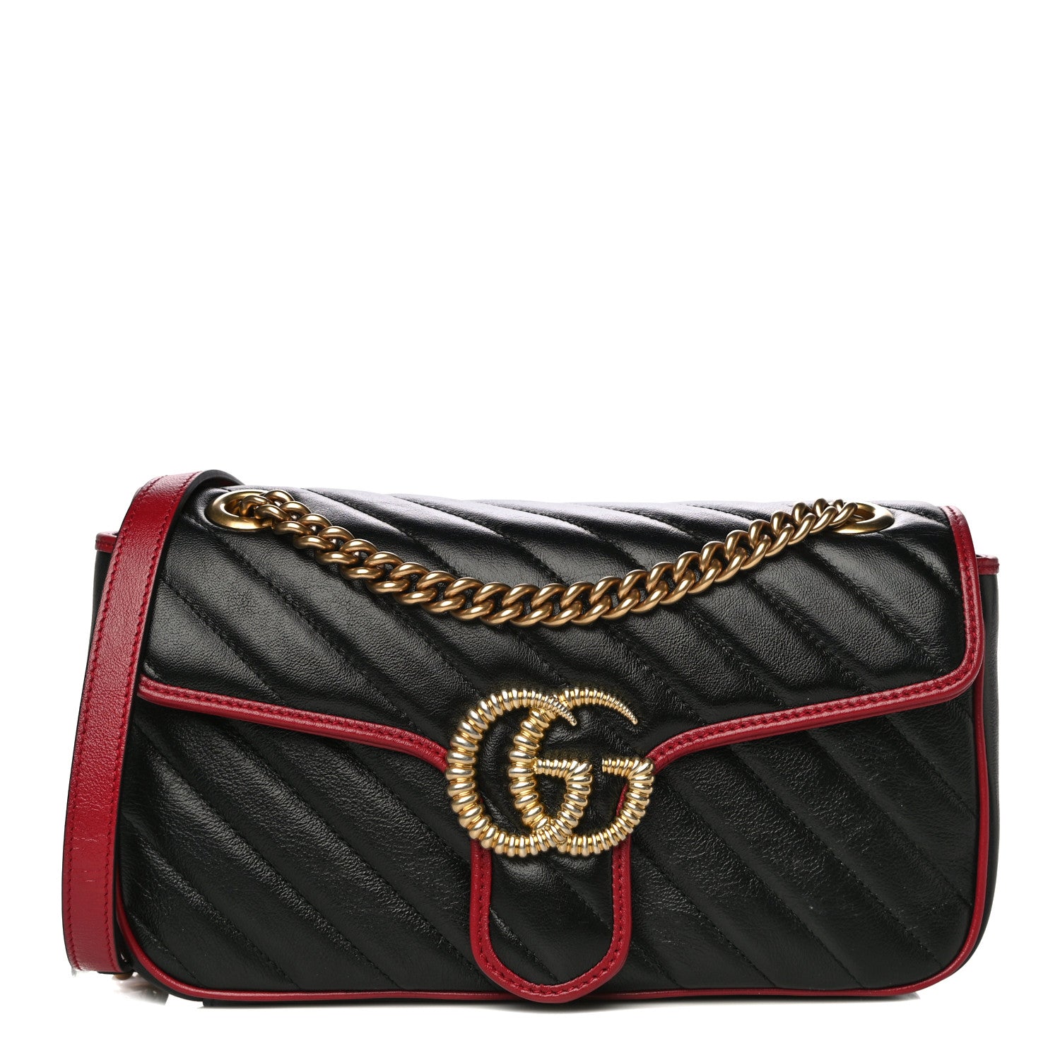 Gucci Vintage Effect Calfskin Matelasse Diagonal Small Torchon GG Marmont Shoulder Bag Black Romantic Cherry 1 of 11