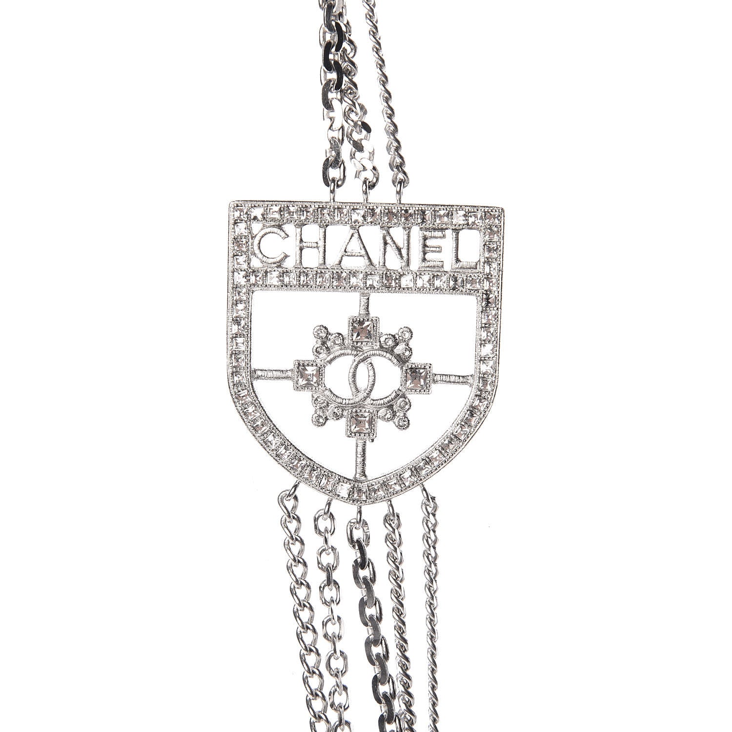 Chanel Baguette Crystal CC Shield Multi Strand Long Chain Necklace Silver 6 of 7