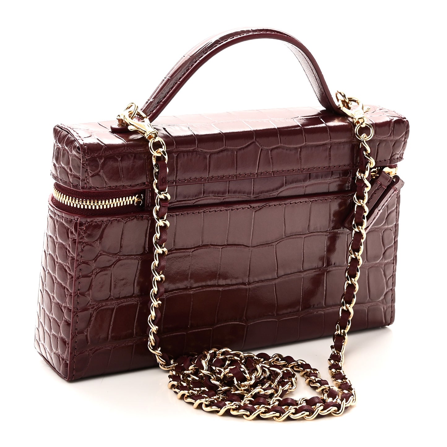 Calfskin Crocodile Embossed Crococo Top Handle Slim Vanity Case With Chain Dark Burgundy
