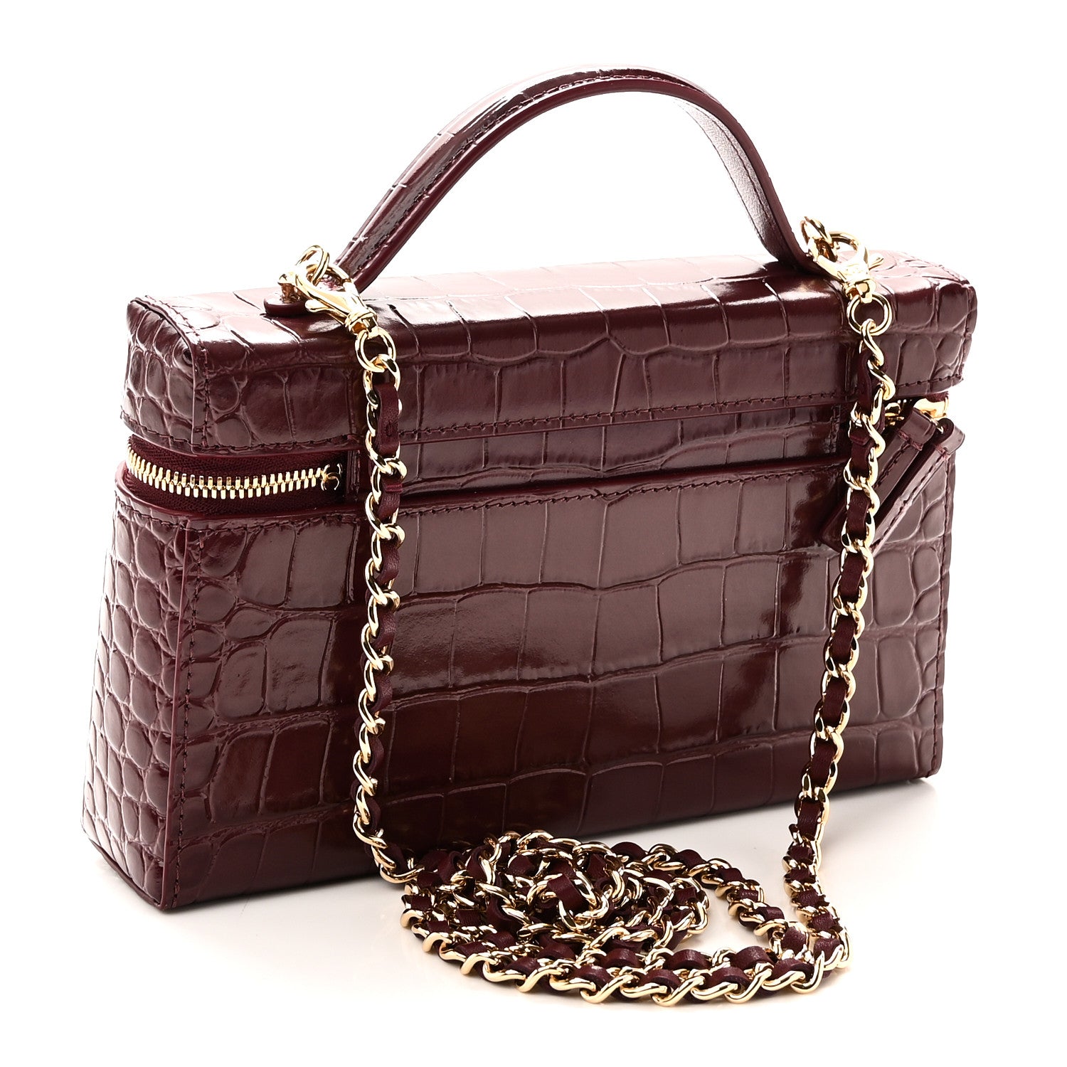Chanel Calfskin Crocodile Embossed Crococo Top Handle Slim Vanity Case With Chain Dark Burgundy 3 of 11