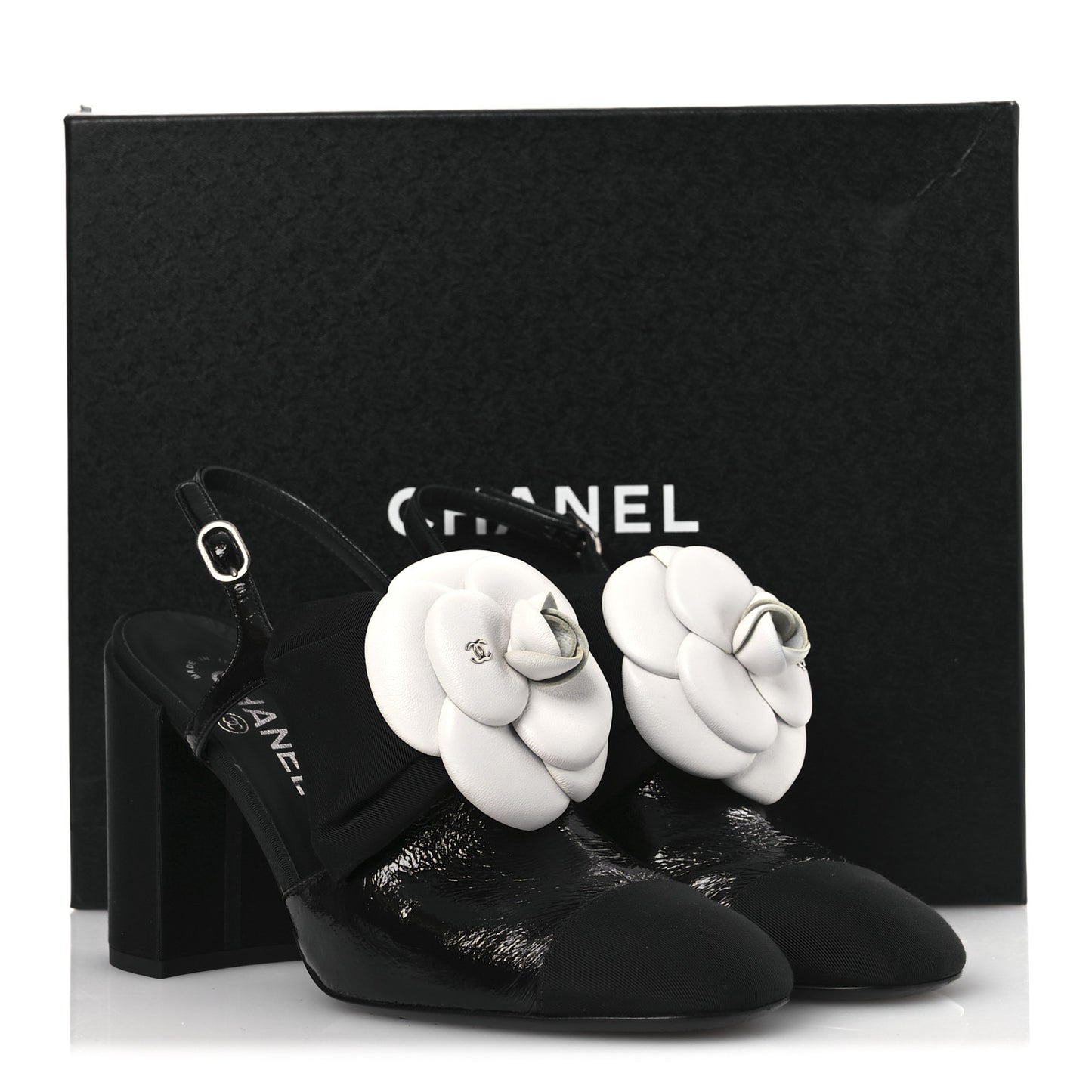 Crumpled Shiny Fabric Grosgrain Cap Toe Camellia Bow Slingback Pumps 38.5 Black