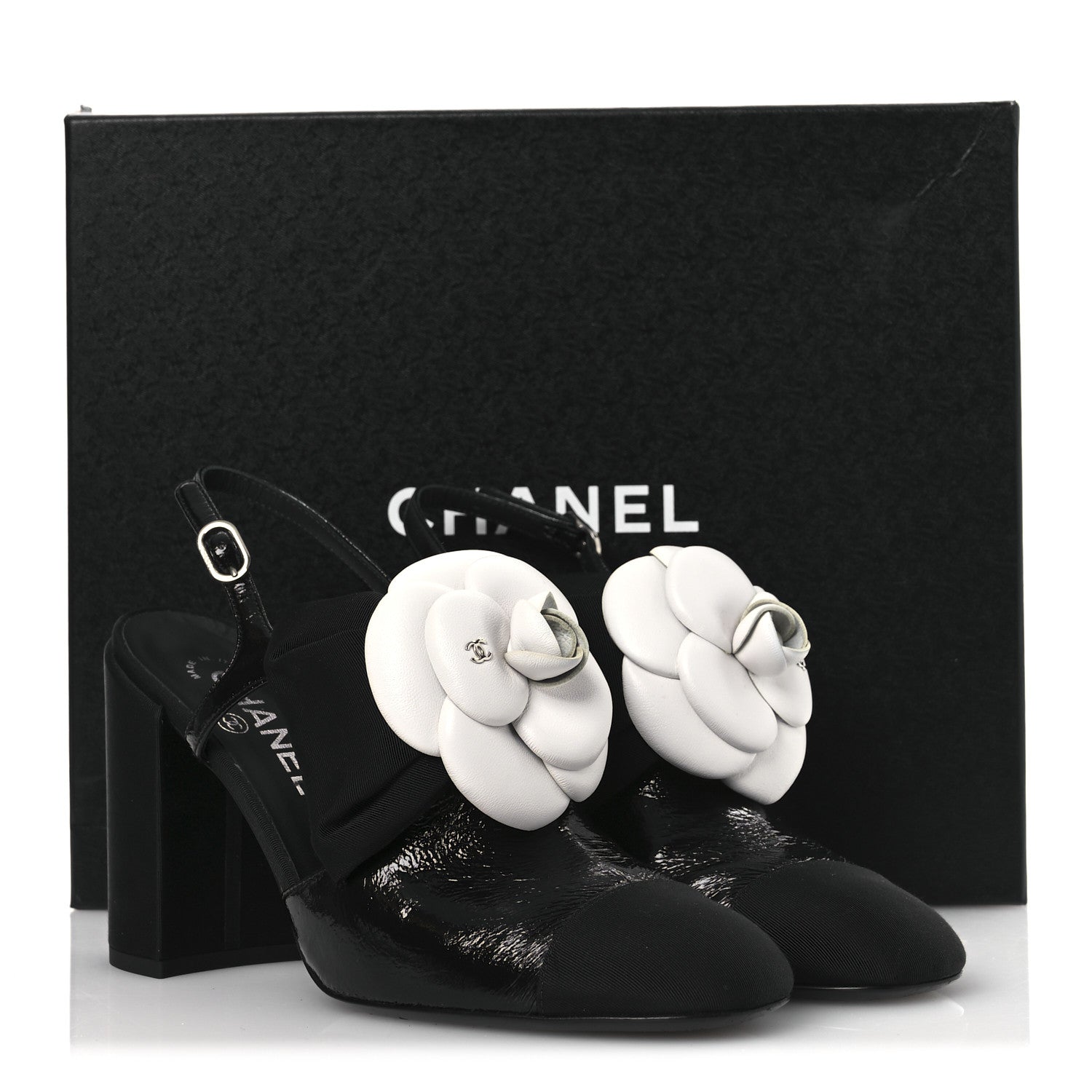 Chanel Crumpled Shiny Fabric Grosgrain Cap Toe Camellia Bow Slingback Pumps 38.5 Black 11 of 11