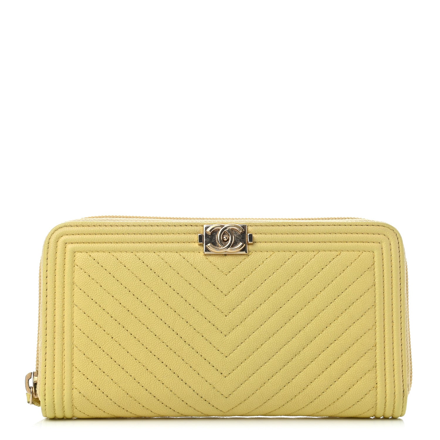 Chanel Caviar Chevron Quilted Zip Around Boy Wallet Yellow 1 of 8
