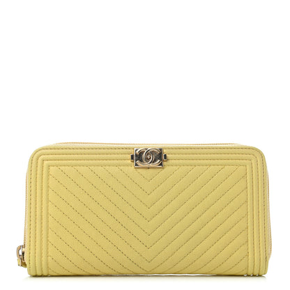 Chanel Caviar Chevron Quilted Zip Around Boy Wallet Yellow 1 of 8