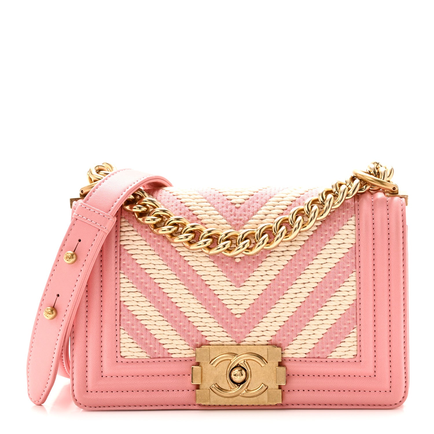 Chanel Fabric Chevron Braided Small Boy Flap Pink Ivory Pink Ivory 1 of 10