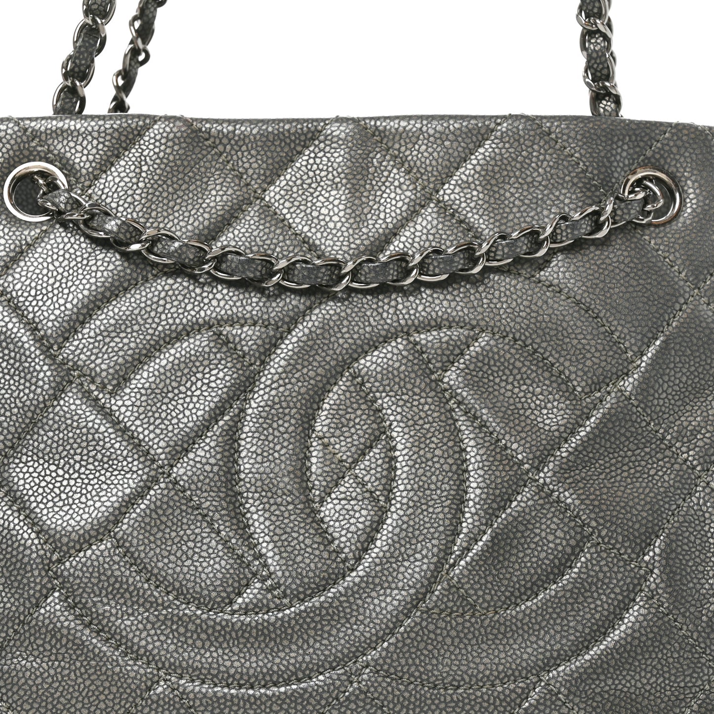 Metallic Caviar Quilted CC Timeless Soft Tote Dark Silver