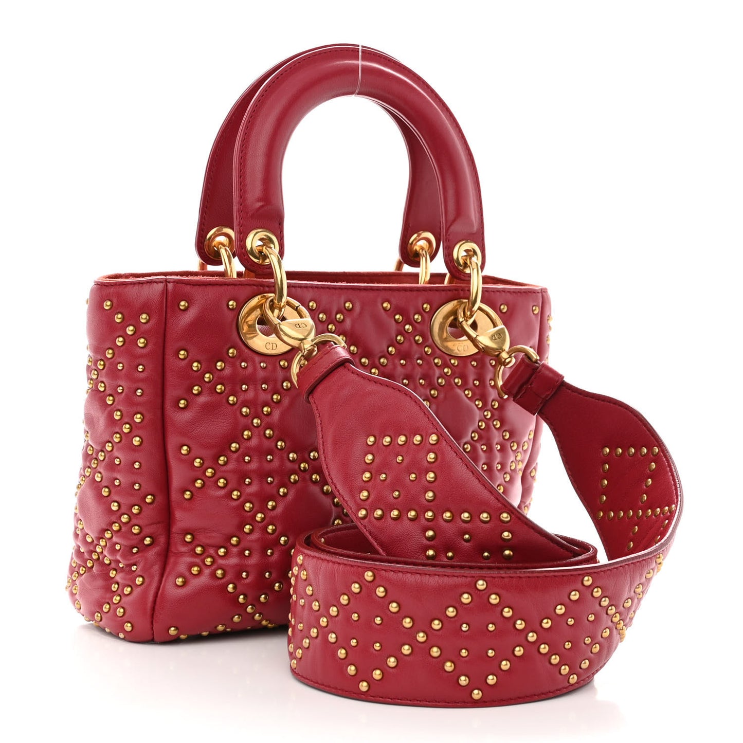 Lambskin Cannage Studded Small Supple Lady Dior Red