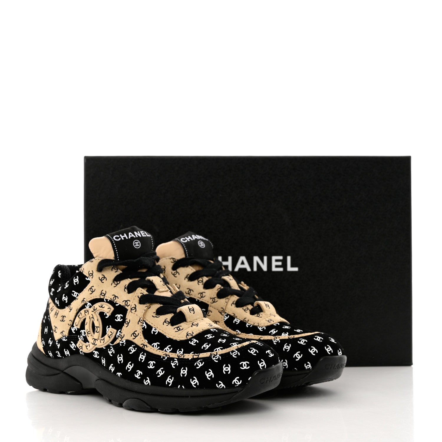 Chanel Nylon Suede Calfskin Printed CC Sneakers 37.5 Black Beige 6 of 9