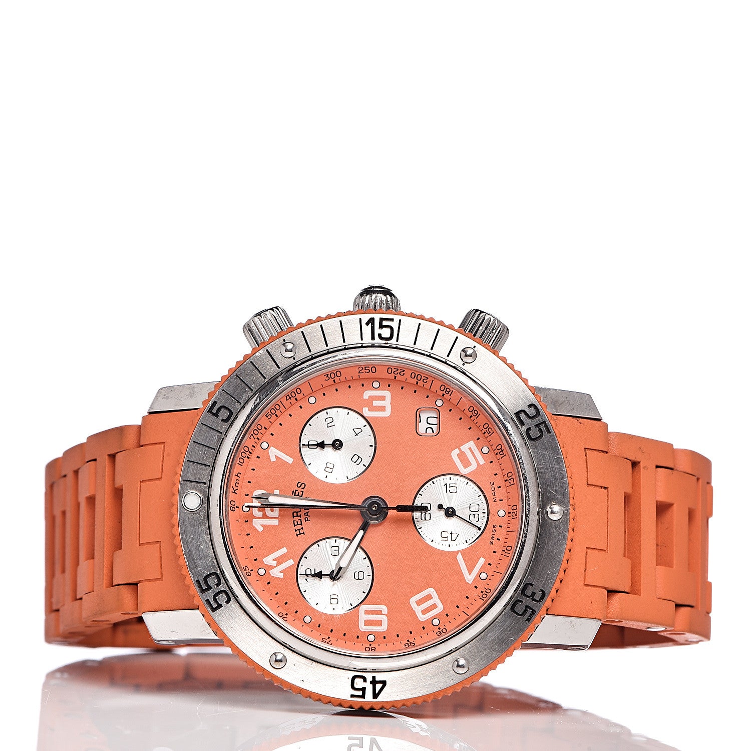 Hermes Stainless Steel Rubber 39mm Clipper Chronograph Quartz Watch Orange 3 of 11