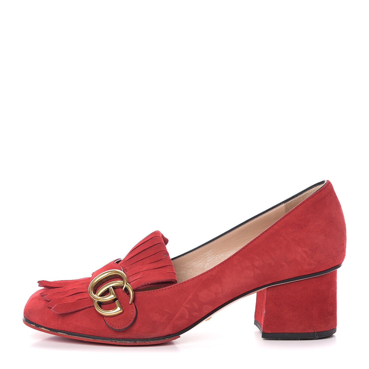 Kid Scamosciato GG Marmont Fringe 50mm Loafer Pumps 37.5 Vulcanic Red