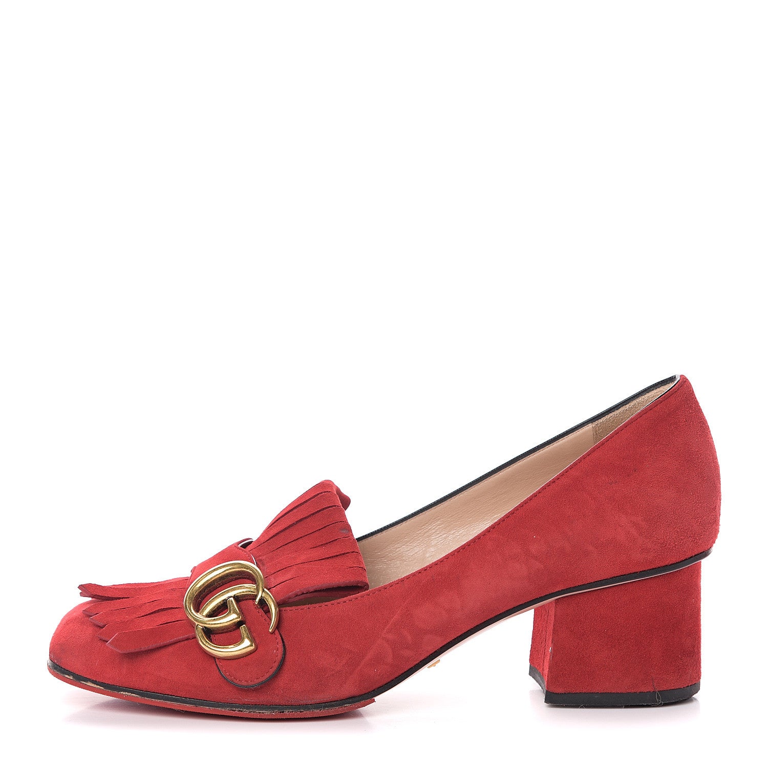 Gucci Kid Scamosciato GG Marmont Fringe 50mm Loafer Pumps 37.5 Vulcanic Red 1 of 7