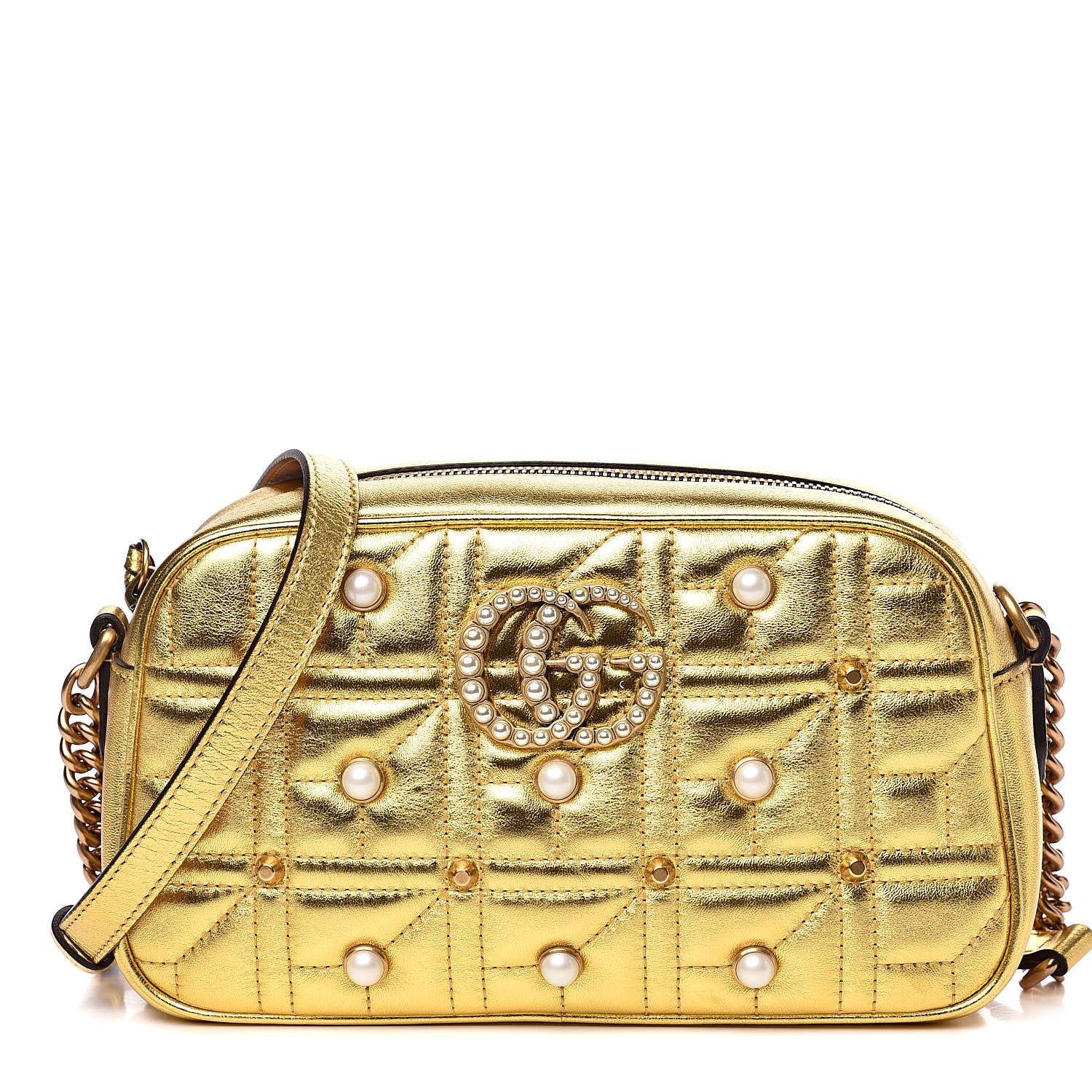 Gucci Metallic Calfskin Matelasse Studded Small Pearly GG Marmont Chain Shoulder Bag Gold 1 of 11