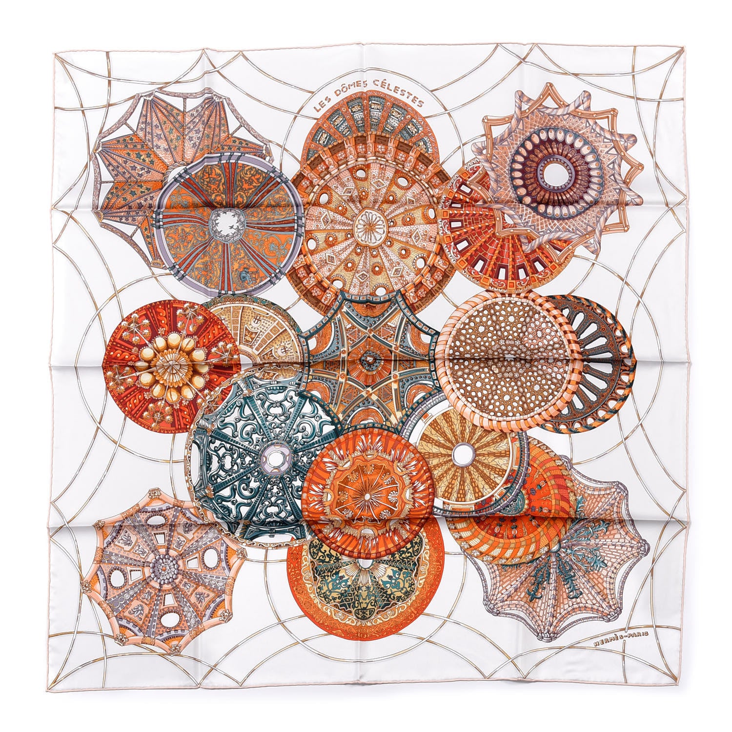 Hermes Silk Les Domes Celestes Scarf 90 Gris Perles Orange Brun 1 of 6