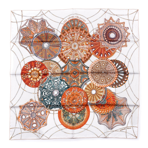 Hermes Silk Les Domes Celestes Scarf 90 Gris Perles Orange Brun