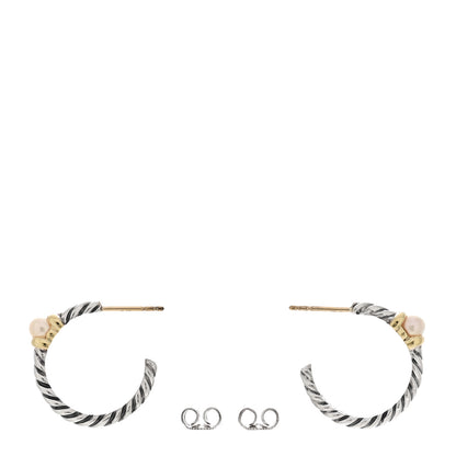 David Yurman Sterling Silver 14K Gold 3mm Cultured Pearl Metro Hoop Earrings 3 of 4