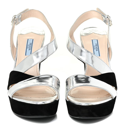 Prada Metallic Calfskin Suede Heel Sandals 38.5 Silver Black 2 of 16