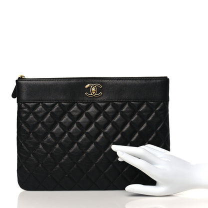 Chanel Sheepskin Quilted Mademoiselle Vintage Large Zip Pouch Black 2 of 9