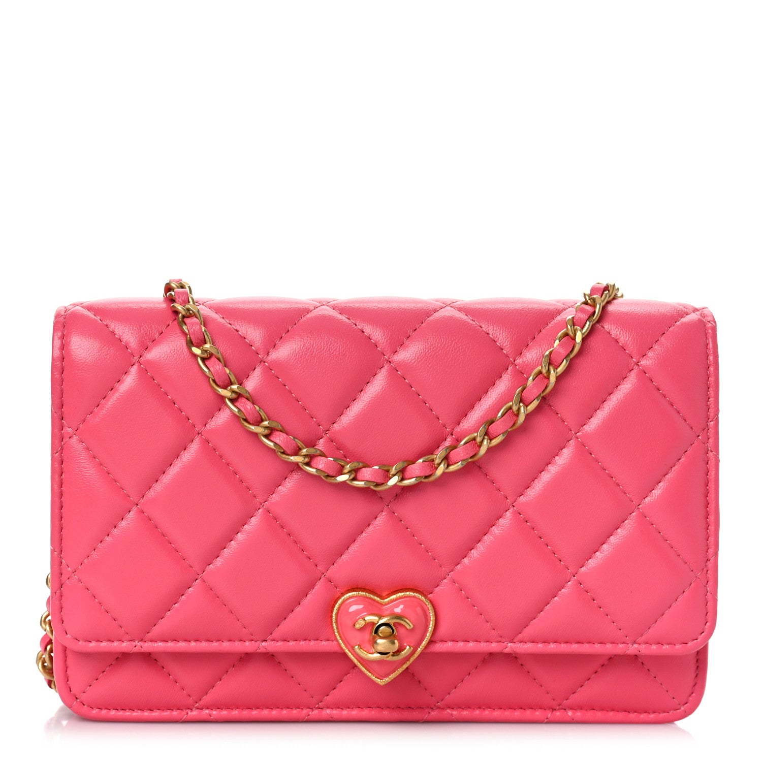 image of CHANEL Lambskin Resin Quilted CC Heart Wallet On Chain WOC in the color Pink by FASHIONPHILE