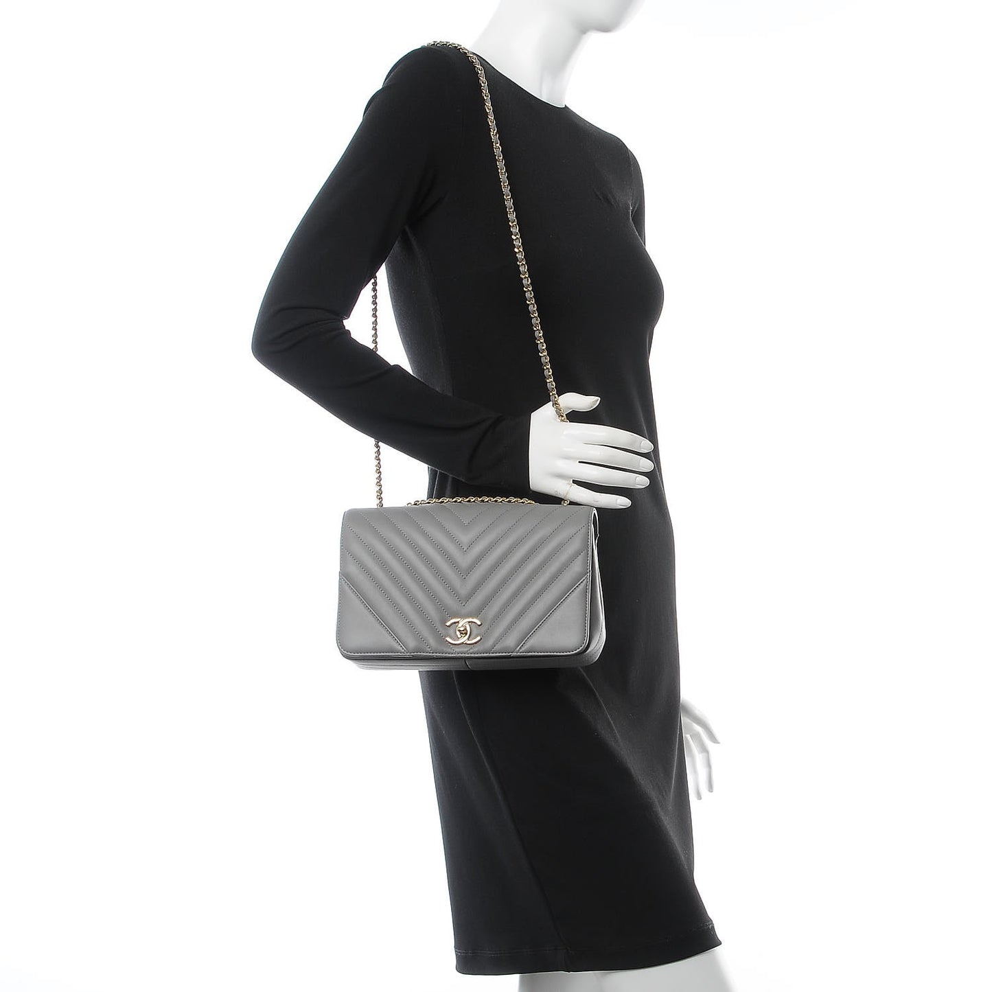 Calfskin Chevron Quilted Small Statement Flap Grey