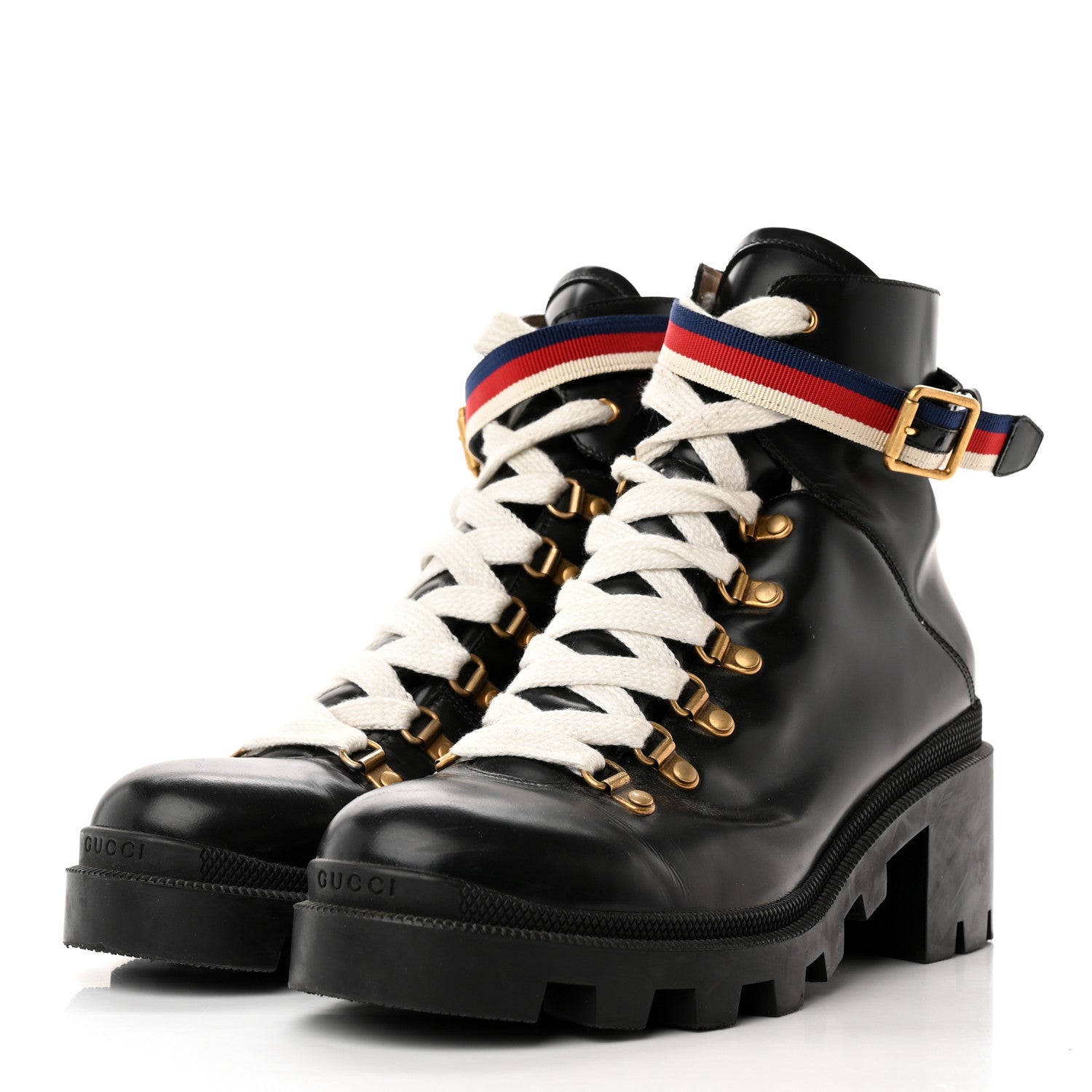 Gucci Calfskin Sylvie Web Lace Up Combat Boots 41.5 Black 3 of 14