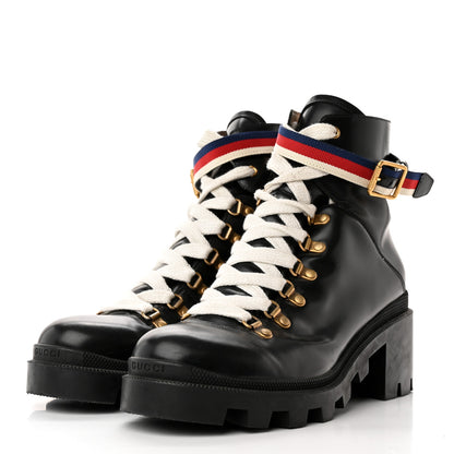 Gucci Calfskin Sylvie Web Lace Up Combat Boots 41.5 Black 3 of 14
