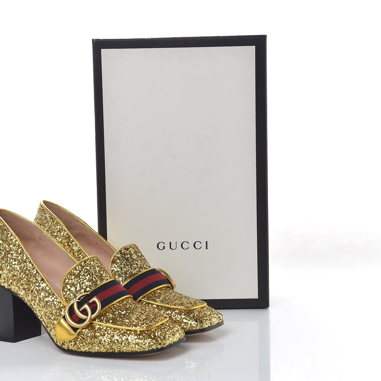 Gucci Glitter Nappa Web Peyton 75mm Loafer Pumps 38.5 Oro Vecchio 11 of 11