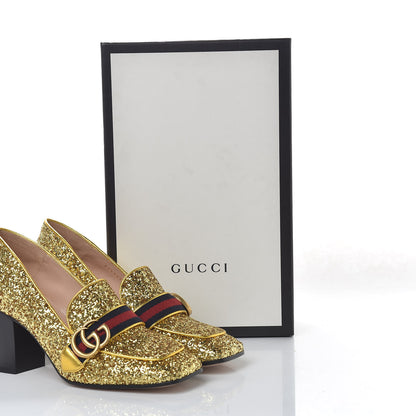 Gucci Glitter Nappa Web Peyton 75mm Loafer Pumps 38.5 Oro Vecchio 11 of 11