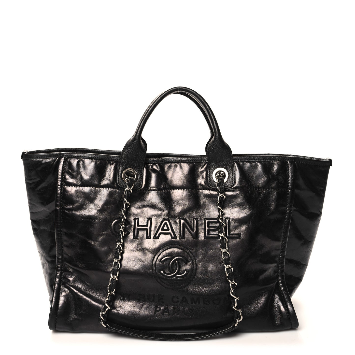 Glazed Calfskin Medium Deauville Tote Black