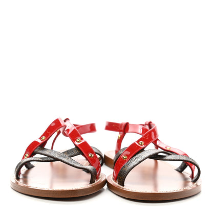 Louis Vuitton Monogram Patent Carimbo Flat Sandals 37.5 Red 2 of 9