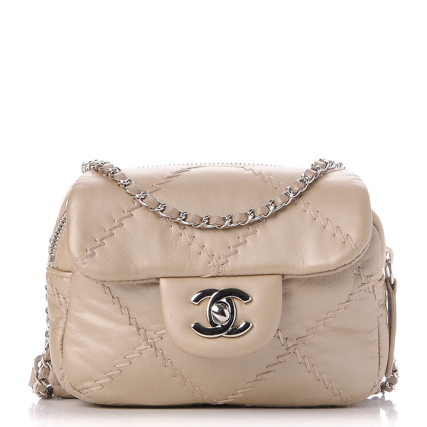 Metallic Lambskin Stitched New Mini Flap Beige