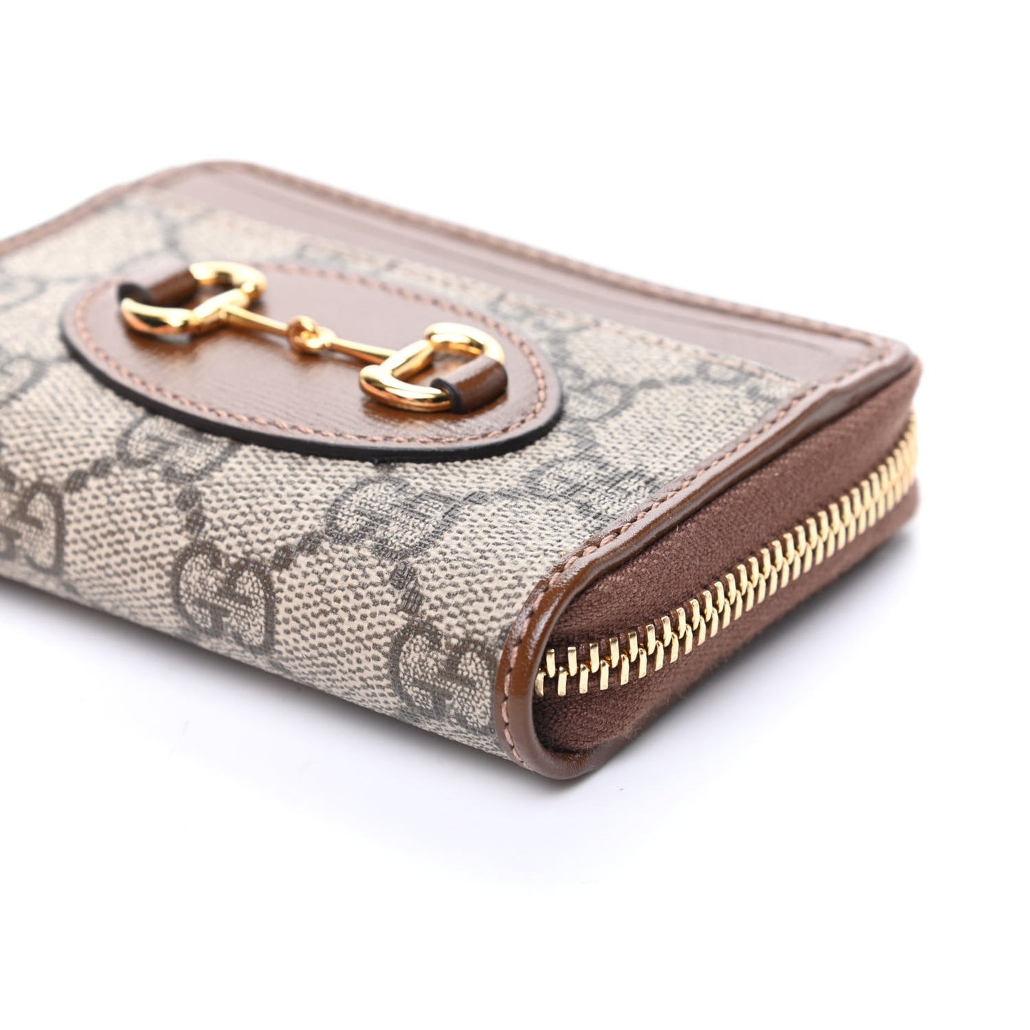 GG Supreme Monogram Azalea Calfskin Horsebit 1955 Zip Around ID Card Case Wallet Beige Ebony Brown Sugar