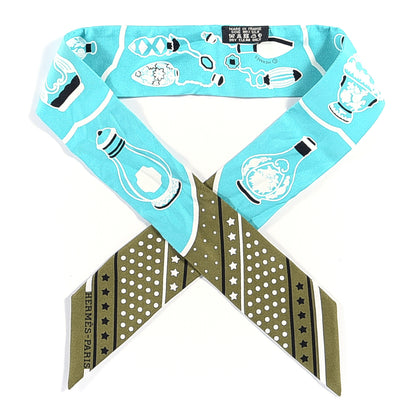 Hermes Silk Les Flacons Bandana Twilly Kaki Turquoise Blanc 1 of 3