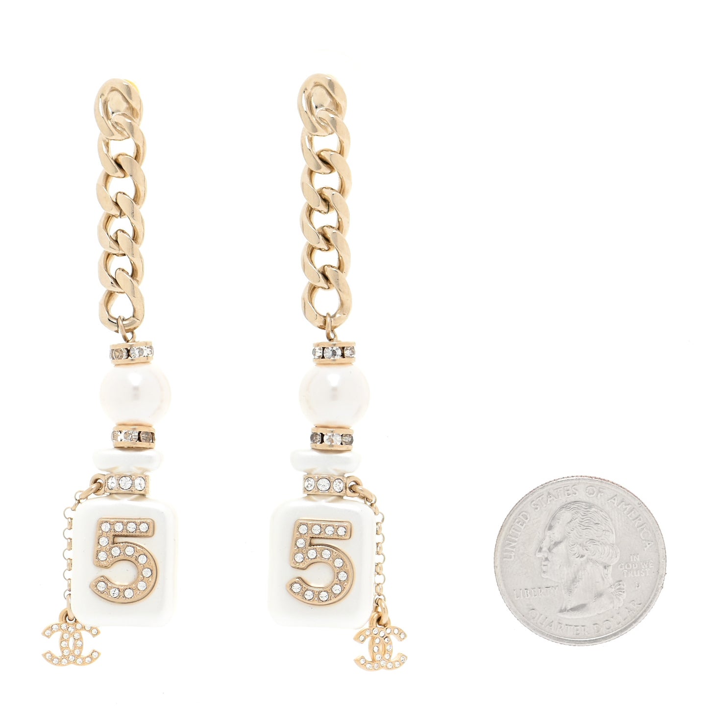 Pearl Resin Crystal CC No 5 Perfume Bottle Chain Drop Earrings Gold Pearly White