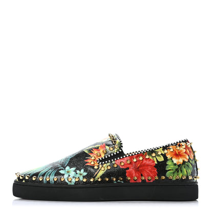 Christian Louboutin Crackled Calfskin Hawaii Print Mens Spikes Pik Boat Flats 40 Black 1 of 7