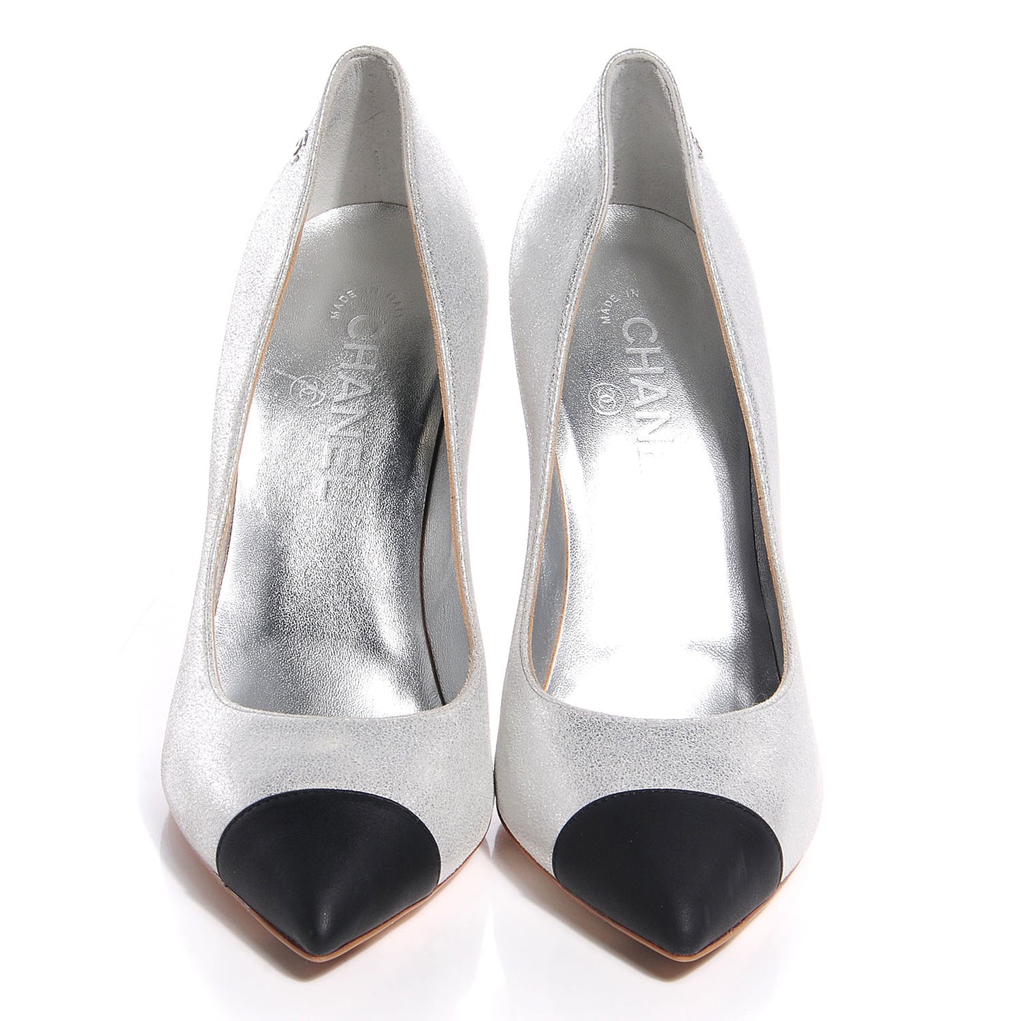 Metallic Leather Cap Toe Pumps Silver Black 38.5