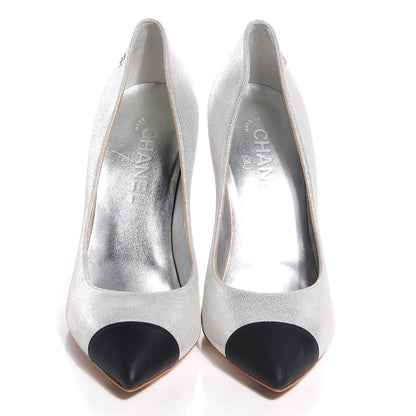 Chanel Metallic Leather Cap Toe Pumps Silver Black 38.5 2 of 8